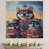 Patriotic Akita Mother and Puppies in American Flag Outfits and Hats with Sunset Sky Background and Star Bowties on Ready to Hang 1.5" Thick Canvas Wrap, Floating Framed Canvas, Flat Rolled Canvas